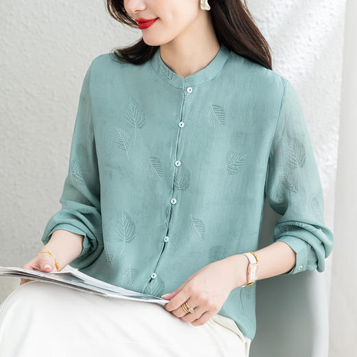 KQL 369H9972天丝长袖衬衫复古立领修身显瘦时尚上衣 商品图0
