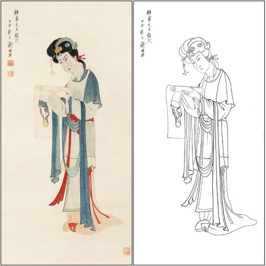 谢稚柳人物工笔画白描底稿《览卷图》临摹勾线高清打印稿XZ19 商品图0