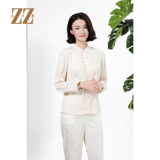 佐尔美秋上新百搭轻熟风立领褶皱法式木耳边门襟衬衣女M51CC08 商品图2