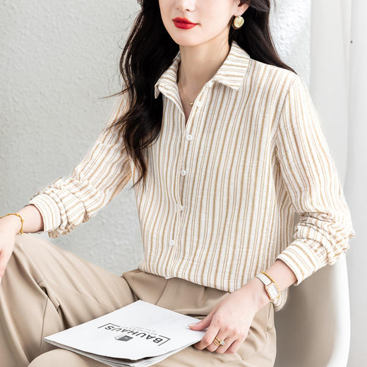 KQL 369H9975法式仿麻条纹长袖衬衣时尚气质洋气上衣 商品图0