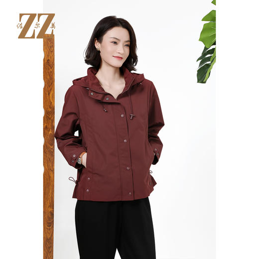 佐尔美秋季上新通勤简约气质酒红连帽抽绳风衣外套女M51FD01 商品图1