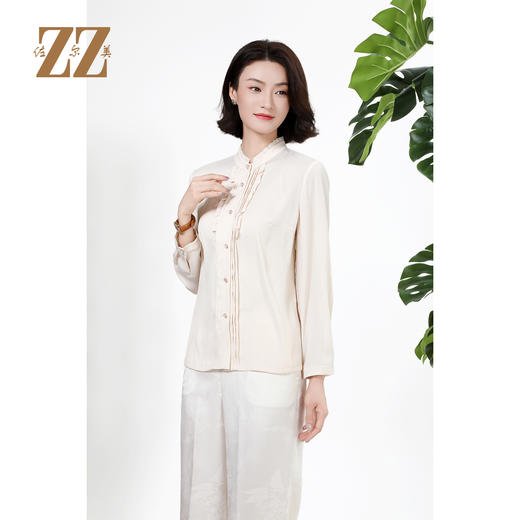 佐尔美秋上新百搭轻熟风立领褶皱法式木耳边门襟衬衣女M51CC08 商品图1