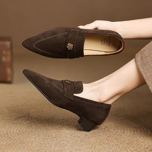 【预售5天】简约通勤粗跟磨砂羊皮单鞋女显瘦乐福鞋复古新款真皮尖头小皮鞋DS&1855 商品图0