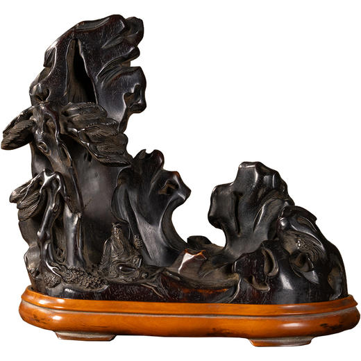 清	紫檀木雕松下高仕山子摆件（黄杨木座） 商品图5