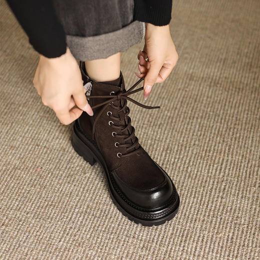 阿么手工女鞋时髦棕色复古马丁靴女真皮2025新款拼接短靴厚底6CM 商品图4