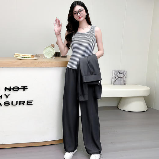 QYM 7701-Y时尚运动三件套条纹小衫+外套+阔腿长裤休闲套装 商品图2