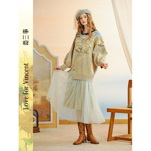 两三事梵高文艺椿野花事2025秋新款花卉图案毛织拼接假两件连衣裙 商品图0