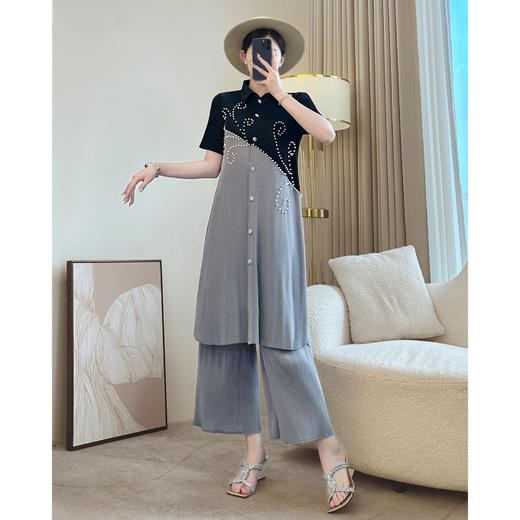 90-160斤可穿高端褶皱大码上衣直筒裤两件套XSL-S3844 商品图3