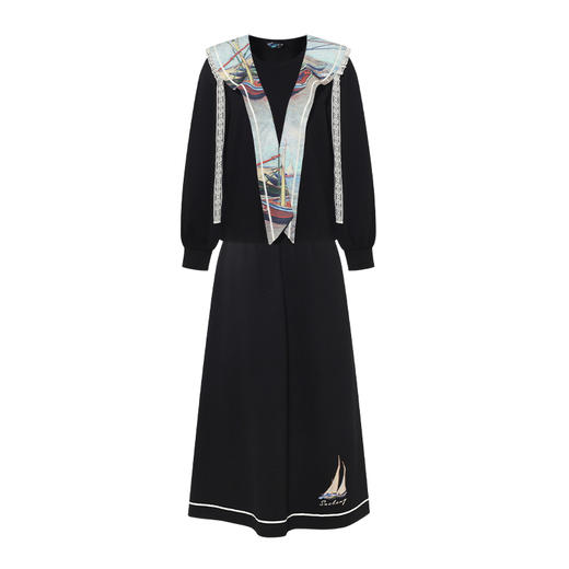 两三事梵高文艺孤帆远航2025秋季新款印花海军领刺绣两件套女套装 商品图4