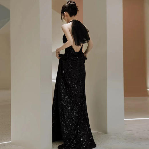 晚礼服黑色高定亮片轻奢小众欧美年会深V领气质主持裙361 商品图1