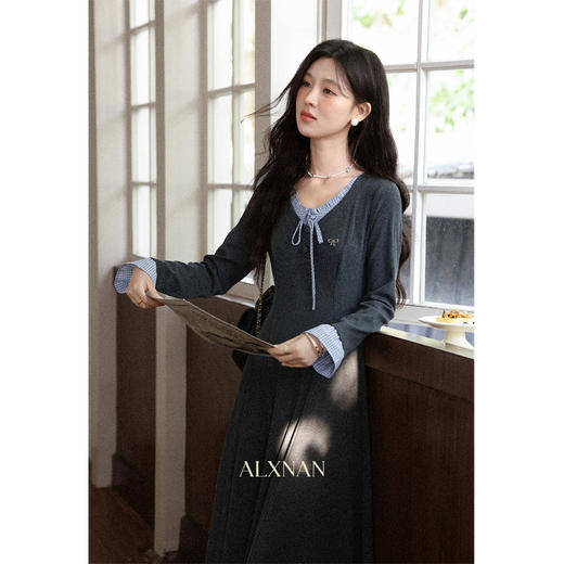 鹿向南「雾蓝诗集」法式灰色长袖连衣裙女早秋高级气质收腰长裙子 商品图1