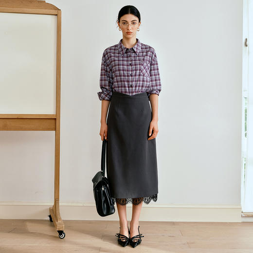 OLrain欧芮儿简约中长裙女2025秋季新款灰色拼接蕾丝设计感半身裙 商品图2