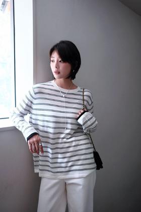 品牌订单新品桑蚕丝极细织羊毛条纹上衣