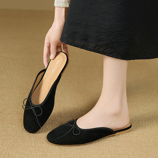 西遇真皮包头半拖鞋女新款秋季外穿法式芭蕾蝴蝶结平底鞋单鞋V0057028/V0057027 商品图2