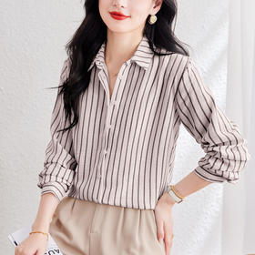 KQL 369H9976法式仿麻条纹长袖衬衫时尚气质洋气上衣