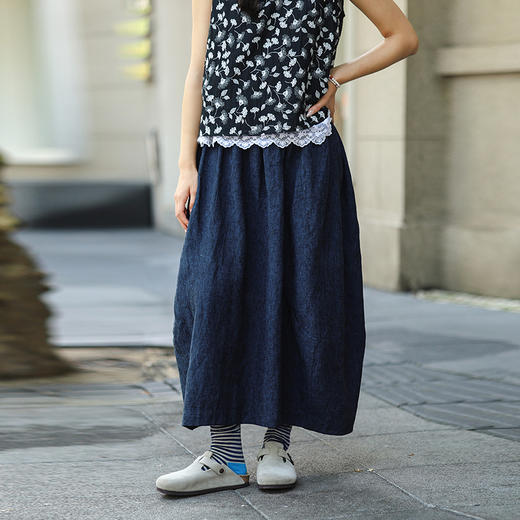 绽放旅行女装472朵/纯亚麻色织分割花苞廓形感文艺半身长裙半身裙 商品图0