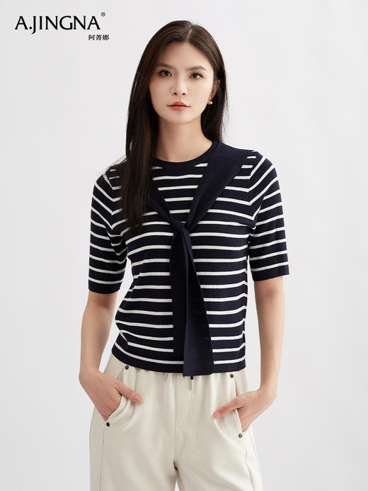 【舒适肌理】阿菁娜假两件条纹海军风飘带毛衫F30Q302027 商品图1