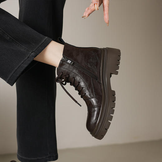阿么手工女鞋秋冬新款真皮系带马丁靴轻便不累脚圆头百搭短靴5CM 商品图4