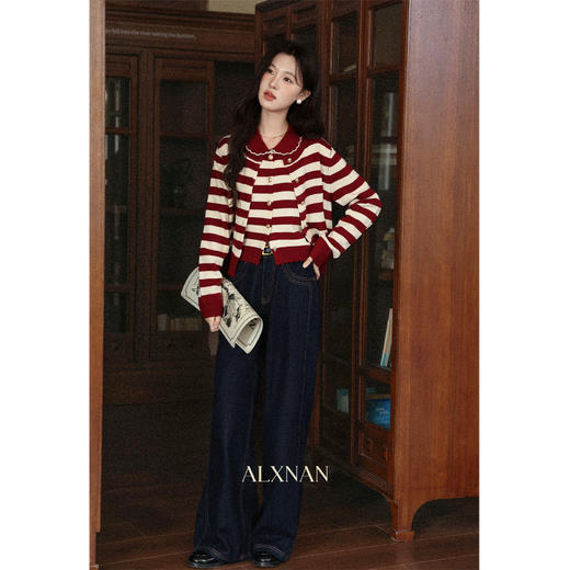 鹿向南「法式格调」复古红色条纹针织开衫女秋季新款慵懒长袖毛衣 商品图3