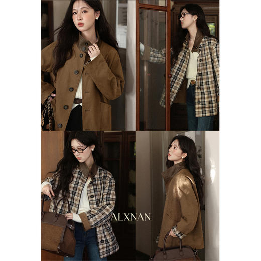 鹿向南「棕格溯韵」复古棕色翻领百搭外套秋季新款百搭气质上衣女 商品图4