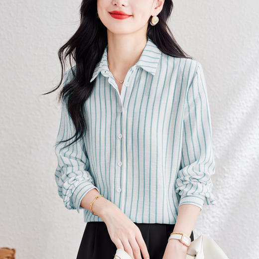 KQL 369H9976法式仿麻条纹长袖衬衫时尚气质洋气上衣 商品图1