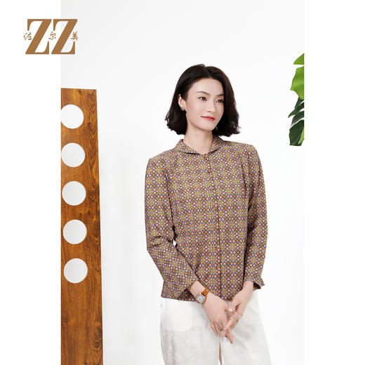 佐尔美复古民族风几何印花翻领长袖针织工艺衫女M51CC04 商品图2