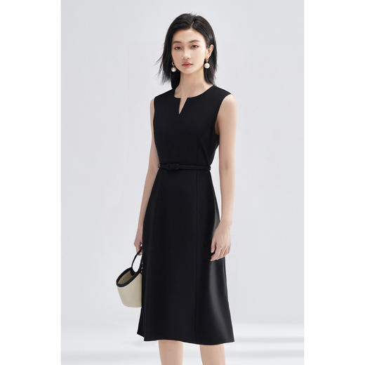 剩S/M/XXL 米思阳2026春季简约优雅通勤极简风V领小黑裙收腰显瘦中长款连衣裙女4376 商品图1