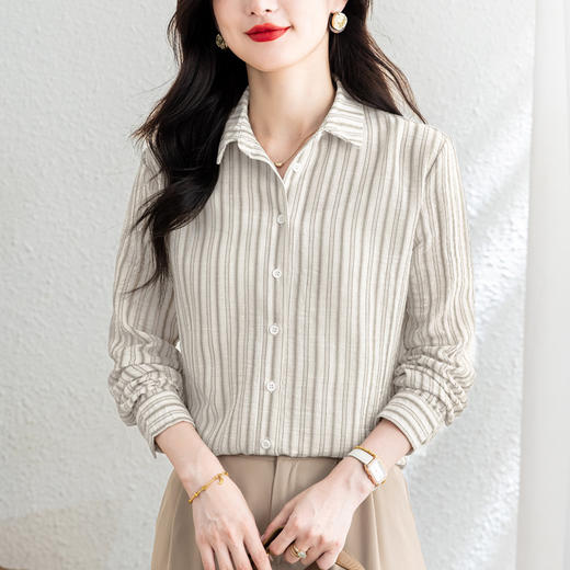 KQL 369H9975法式仿麻条纹长袖衬衣时尚气质洋气上衣 商品图3