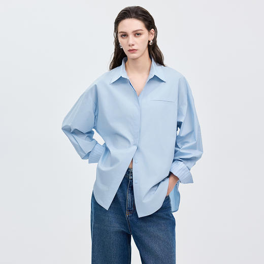 棉仓367604008-设计感翻边长袖衬衫女袖口撞色条纹25秋全棉宽松落肩通勤衬衣 商品图1