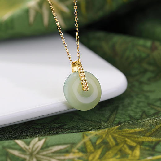 天然和田玉S925纯银镀金青玉回纹，平安扣哑光新中式简约吊坠套链CW-263 商品图1