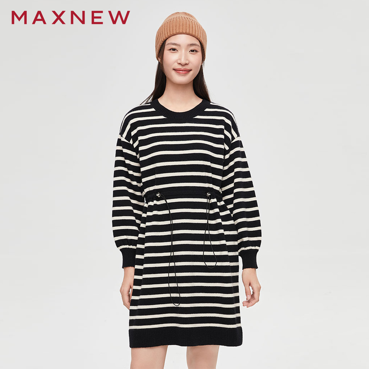 【门店同款】马恩MAXNEW女装连衣裙秋冬条纹连衣短裙圆领松紧腰内