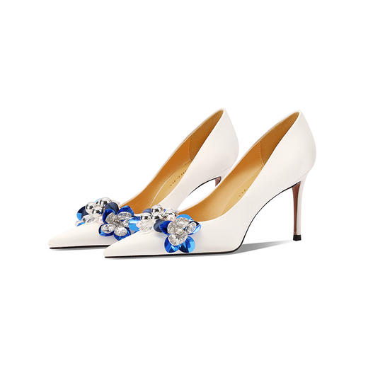 【预售7天】真皮主婚鞋水钻高跟鞋小细跟白色真丝面绝美主婚纱新娘鞋女单鞋CX&B085 商品图2