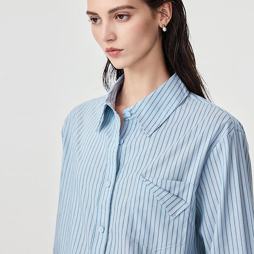 棉仓366604028-全棉色织蓝条纹长袖衬衫女25秋新品小飞机口袋设计叠穿衬衣 商品图2