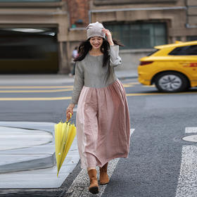 绽放旅行女装470朵/撞色拼接碎褶大裙摆文艺慵懒长袖气质连衣裙女