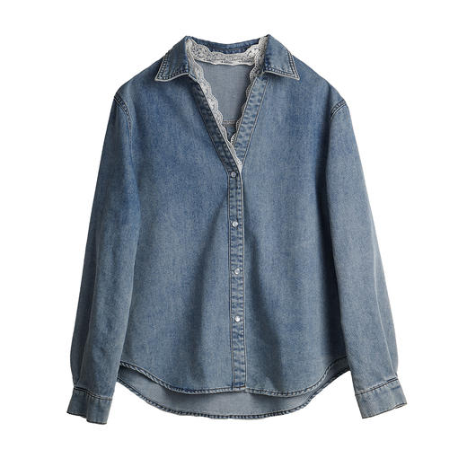 OLrain欧芮儿法式蓝色牛仔衬衫2025秋季新款翻领拼接花边上衣 商品图3