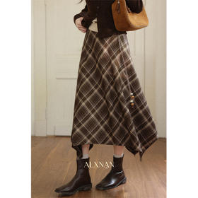 鹿向南「热娜花漫」不规则咖色格纹半身裙女初秋宽松显瘦A字长裙