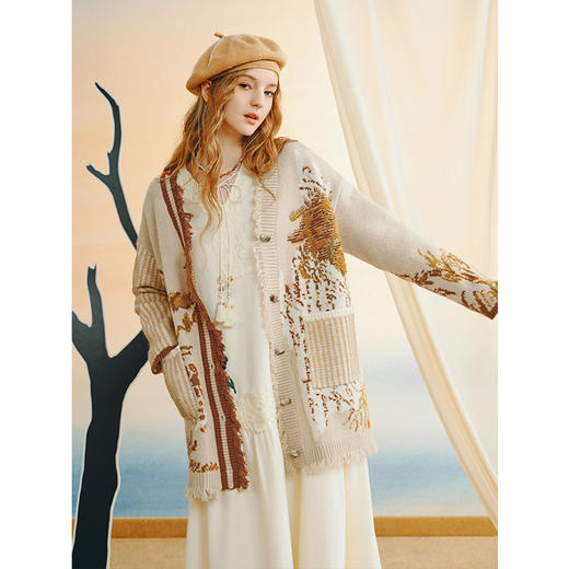 两三事梵高文艺 氤氲初绽 2025秋季新款复古流苏边花色毛衣开衫女 商品图1