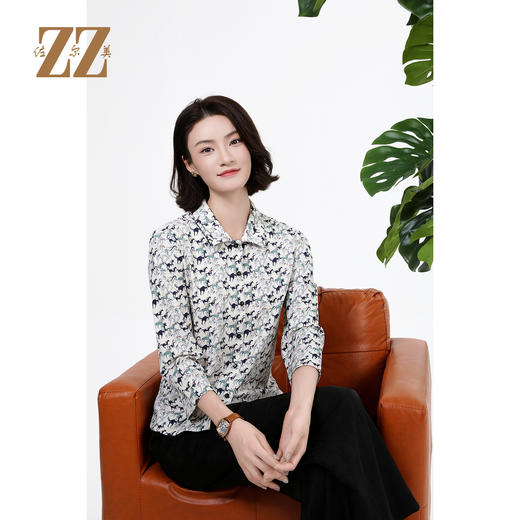 佐尔美秋季上新优雅清新印花减龄设计翻领长袖衬衣女M51CC11 商品图1