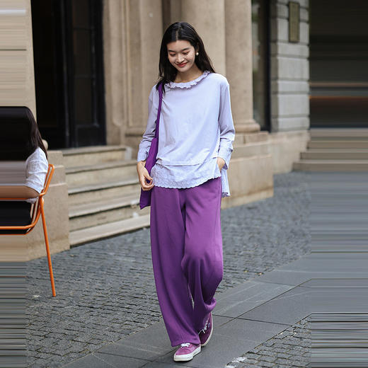 绽放旅行女装471朵/汉麻棉宽松设计感花边拼接叠搭长袖T恤女上衣 商品图2