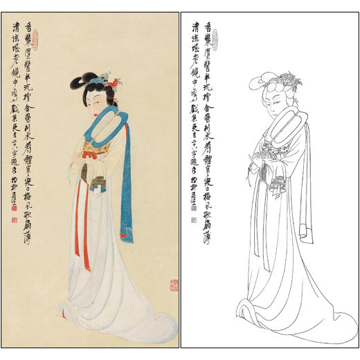谢稚柳人物工笔画白描底稿《纨扇美人图》临摹勾线高清打印稿XZ23 商品图0