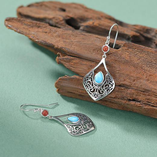 S925纯银绿松石南红玛瑙耳坠，复古亮面唐草纹镂空水滴银耳钩CW-EG02384 商品图2