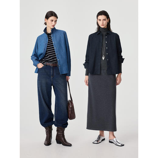 棉仓366604023-正肩全棉牛仔衬衫女 25秋季通勤显瘦小方领美式复古长袖衬衣 商品图3