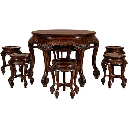 清	红木螭龙纹双拼圆桌圆凳成套（一桌六凳） 商品图5