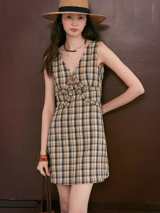 【现货】Even Vintage | 复古泡泡格纹 优雅甜美V领肌理无袖背心连衣裙夏 商品图1