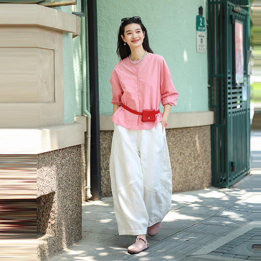 绽放旅行女装469朵/汉麻棉半开襟圆领落肩秋季长袖衬衫设计感小衫 商品图2