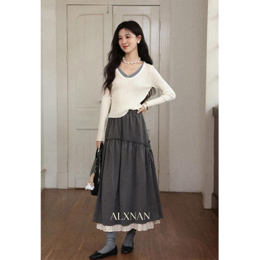 鹿向南「旅行日记」灰色高腰半身裙女秋季新款小个子a字花边长裙 商品图1