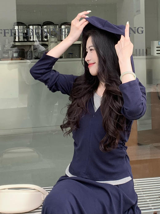 【百图lulu定制】【糯米套裙】假两件长袖连帽上衣  直筒半裙 垂感软糯 套装 商品图11