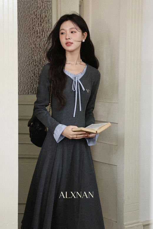 鹿向南「雾蓝诗集」法式灰色长袖连衣裙女早秋高级气质收腰长裙子 商品图5