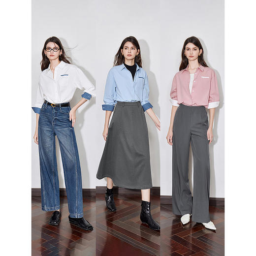 初语 别致口袋设计感衬衫女 简约休闲百搭上衣拼色长袖 商品图4