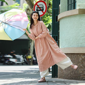 绽放旅行女装128朵/全棉提花结构感斜襟宽松文艺长袖气质连衣裙女